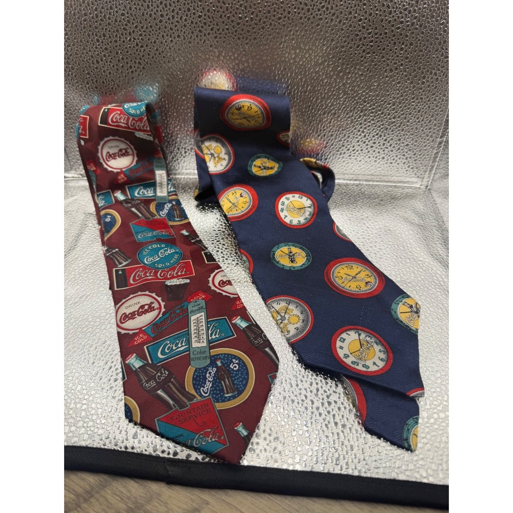 Vintage Coca Cola Silk Ties Lot of 2 Coke 5¢ Soda Fountain Clocks Made USA